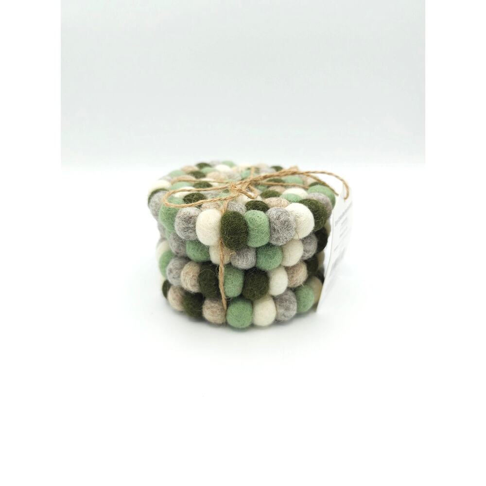 (4) Thirstystone Pom Pom Sheep Wool Coasters Felted 4 Inch Set of 4 Fair Trade